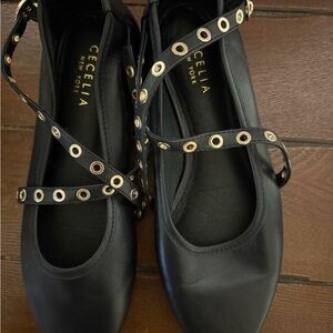 Cecelia New York Black Flats with Gold Accents